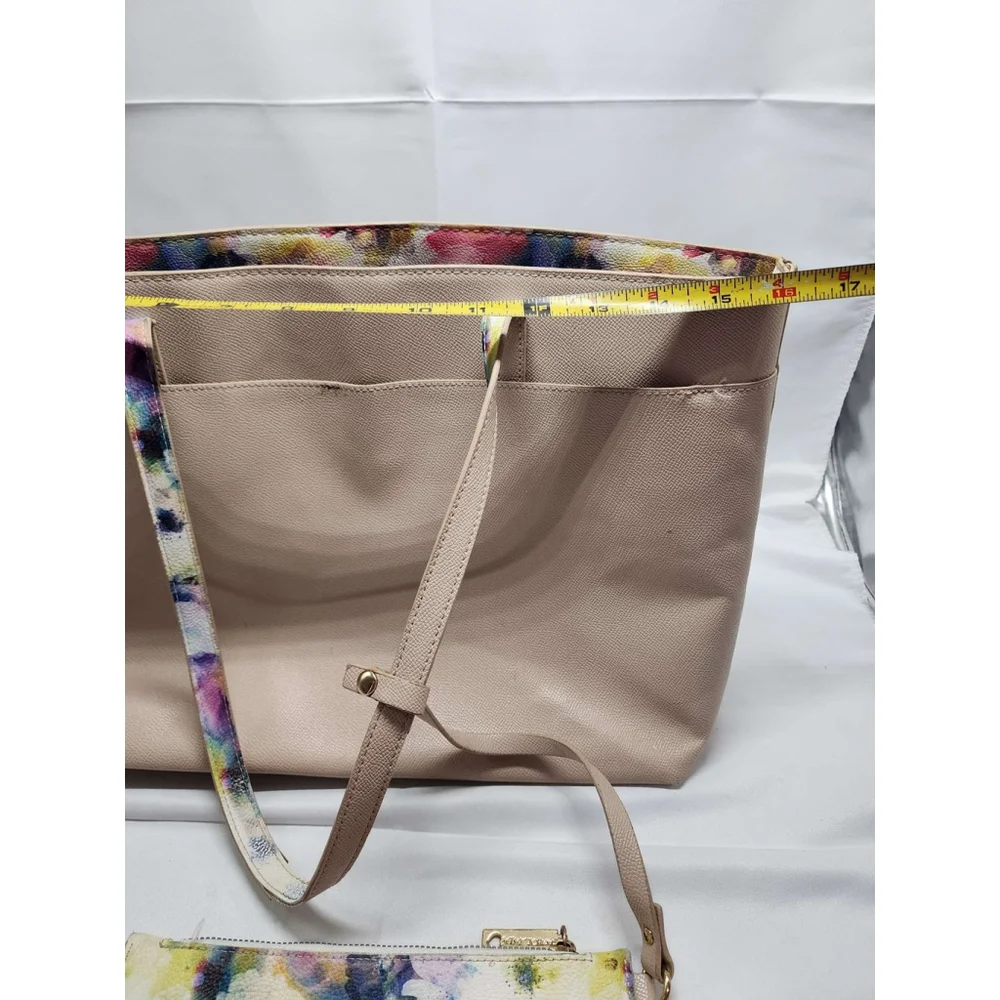 Betsey Johnson Tote Bag with Matching Wallet Floral Scarf Detail Nude Tan Used